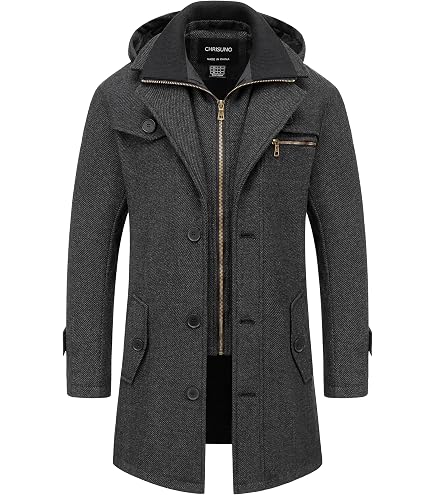PRIJOUHE Men's Wool Coat Hoodie Long Trench Coat Cotton Casual